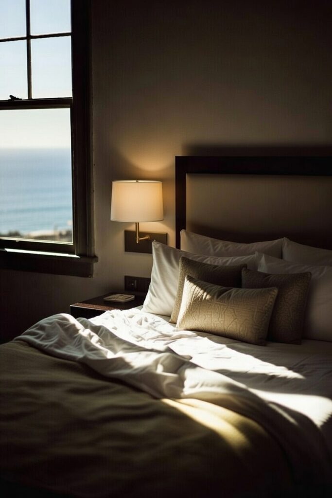 Camera da letto illuminata dalla luce naturale del mattino, simbolo di calma e routine quotidiana lenta.