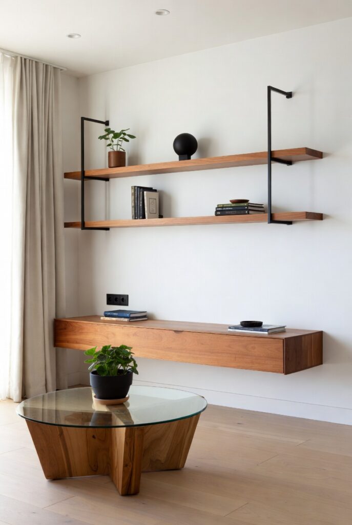 Angolo di casa luminoso con mensole in legno, libri e pianta, esempio di ordine semplice e funzionale nella quotidianità.